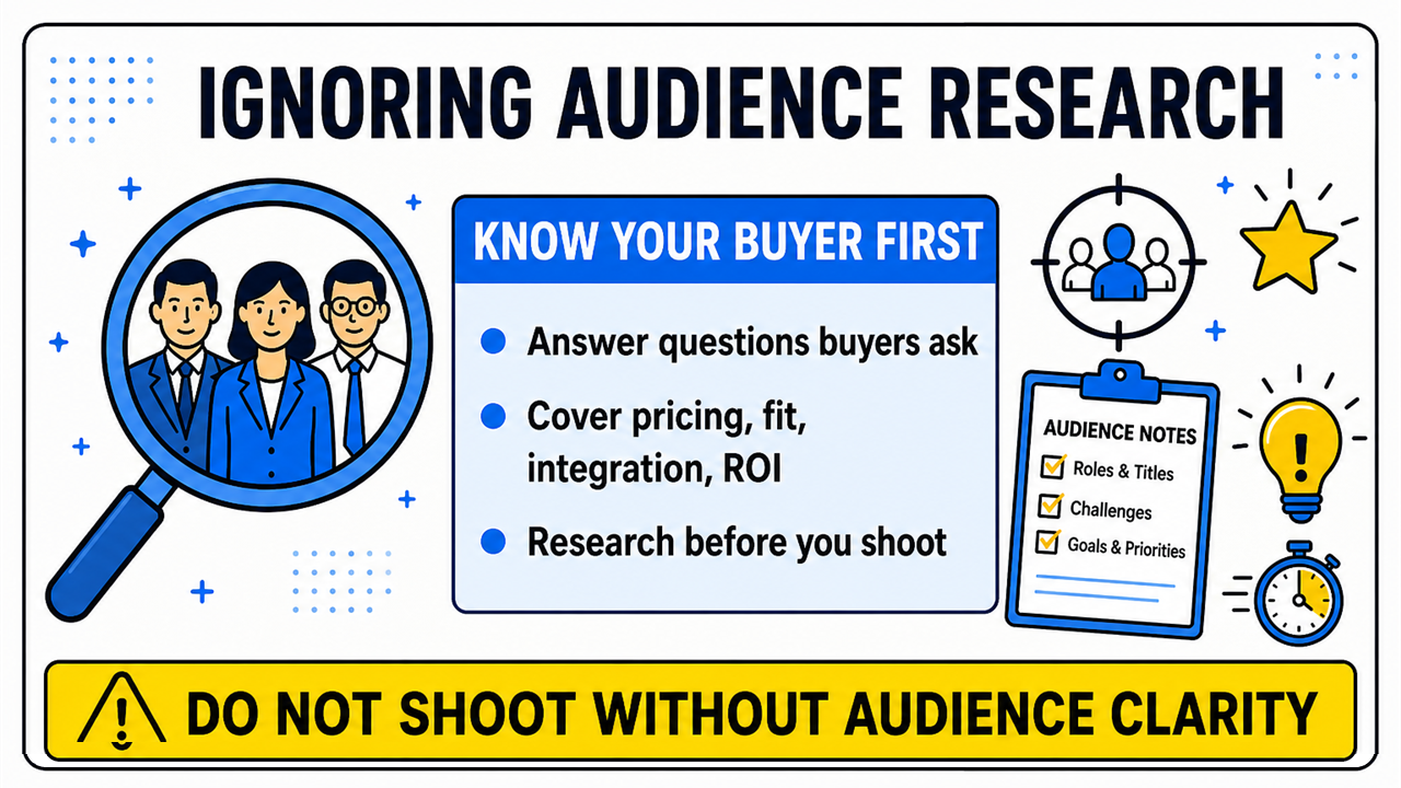 Ignoring audience research in B2B video marketing: define your target buyer, answer pricing fit integration and ROI questions, and research before production so engagement and conversions do not suffer.